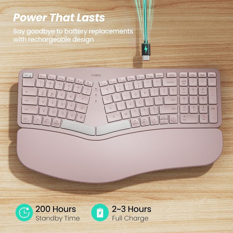 Nulea Wireless Ergonomic Keyboard, Split Keyboard with Cushioned Wrist Rest, Bluetooth and USB Connectivity, USB-C Rechargeable, Compatible with Windows Mac (Grey Pink) - Image 3